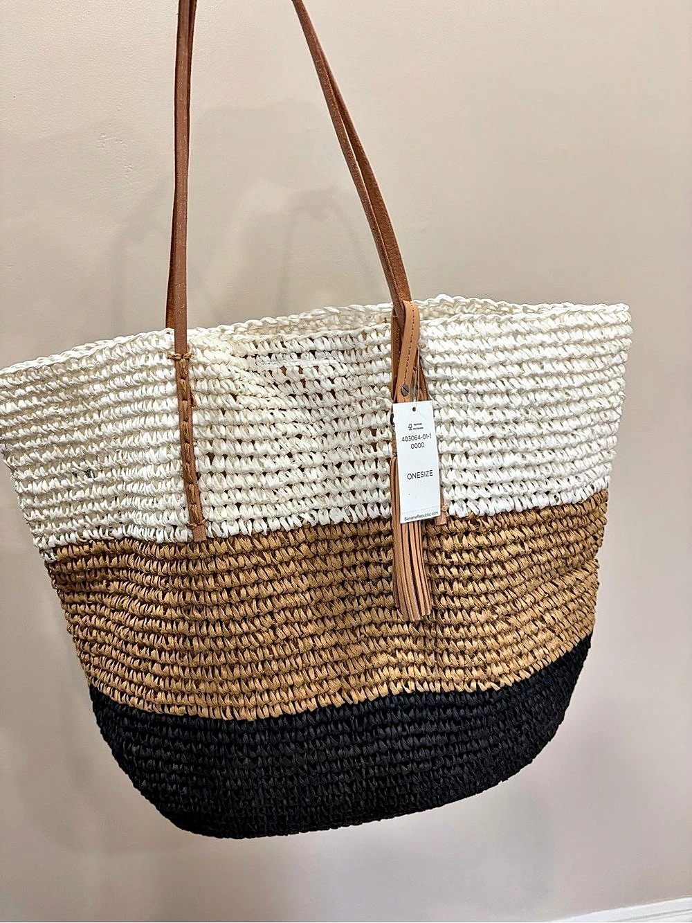 Banana Republic Colorblock Straw Tote Bag with Tassel White & Black